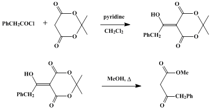 Reaction equation for METHYL PHENYLACETYLACETATE FROM PHENYLACETYL CHLORIDE AND MELDRUM'S ACID (Benzenebutanoic acid, β-oxo-, methyl ester)
