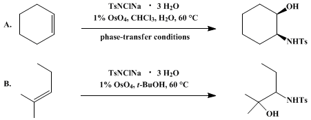 Reaction equation for OSMIUM-CATALYZED VICINAL OXYAMINATION OF OLEFINS BY CHLORAMINE-T: cis-2-(p-TOLUENESULFONAMIDO)CYCLOHEXANOL AND 2-METHYL-3-(p-TOLUENESULFONAMIDO)-2-PENTANOL (Benzenesulfonamide, N-(2-hydroxycyclohexyl)-4-methyl-, cis and Benzenesulfonamide, N-(1-ethyl-2-hydroxy-2-methylpropyl)-4-methyl-)