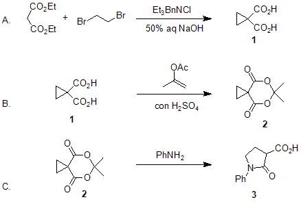 Reaction equation for HOMOCONJUGATE ADDITION OF NUCLEOPHILES TO CYCLOPROPANE-1,1-DICARBOXYLATE DERIVATIVES: 2-OXO-1-PHENYL-3-PYRROLIDINECARBOXYLIC ACID (3-Pyrrolidinecarboxylic acid, 2-oxo-1-phenyl-)