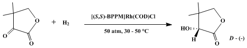 Reaction equation for ASYMMETRIC HYDROGENATION OF KETOPANTOYL LACTONE: D-(−)-PANTOYL LACTONE (2(3H)-Furanone, dihydro-3-hydroxy-4,4-dimethyl-)