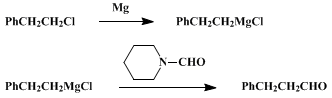 Reaction equation for FORMYL TRANSFER TO GRIGNARD REAGENTS WITH N-FORMYLPIPERIDINE: 3-PHENYLPROPIONALDEHYDE