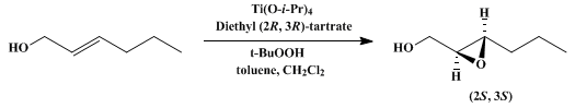 Reaction equation for ENANTIOSELECTIVE EPOXIDATION OF ALLYLIC ALCOHOLS: (2S,3S)-3-PROPYLOXIRANEMETHANOL (Oxiranemethanol, 3-Propyl-, (2S,3S)-)