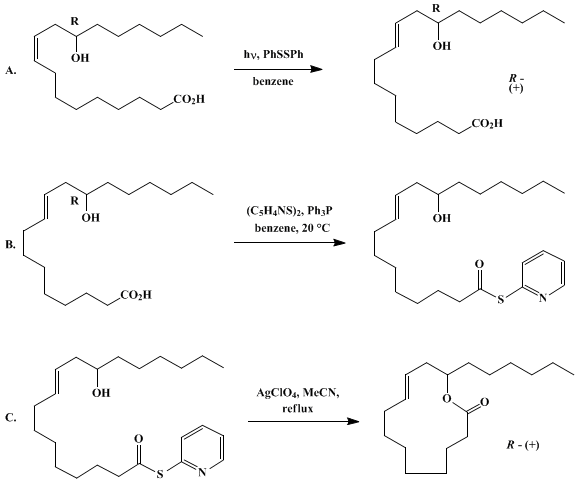 Reaction equation for RICINELAIDIC ACID LACTONE (9-Octadecenoic acid, 12-hydroxy-, [(+)-(R)-trans]-, lactone)