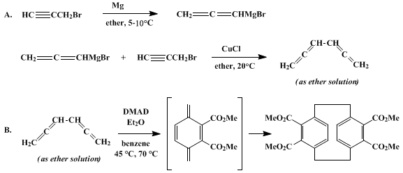 Reaction equation for DIELS-ALDER REACTION OF 1,2,4,5-HEXATETRAENE: TETRAMETHYL[2.2]PARACYCLOPHANE-4,5,12,13-TETRACARBOXYLATE (Tricyclo[8.2.2.24,7]hexadeca-4,6,10,12,13,15-hexaene-5,6,11,12-tetracarboxylic acid, tetramethyl ester)