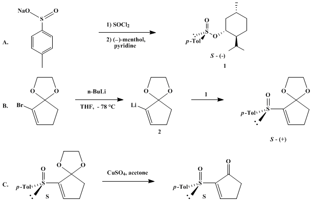 Reaction equation for (S)-( + )-2-(p-TOLUENESULFINYL)-2-CYCLOPENTENONE: PRECURSOR FOR ENANTIOSELECTIVE SYNTHESIS OF 3-SUBSTITUTED CYCLOPENTANONES (2-Cyclopenten-1-one, 2-[(4-methylphenyl)sulfinyl]-, (S)-)