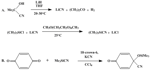 Reaction equation for TRIMETHYLSILYL CYANIDE: CYANOSILATION OF p-BENZOQUINONE (Silanecarbonitrile, trimethyl)