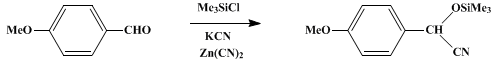 Reaction equation for in situ CYANOSILYLATION OF CARBONYL COMPOUNDS: O-TRIMETHYLSILYL-4-METHOXYMANDELONITRILE (Benzeneacetonitrile, 4-methoxy-α-[(trimethylsilyl)oxy]-)