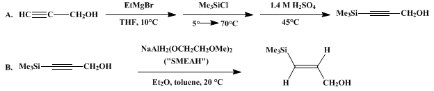 Reaction equation for STEREOSPECIFIC REDUCTION OF PROPARGYL ALCOHOLS: (E)-3-TRIMETHYLSILYL-2-PROPEN-1-OL (2-Propen-1-ol, 3-(trimethylsilyl)-, (E)-)