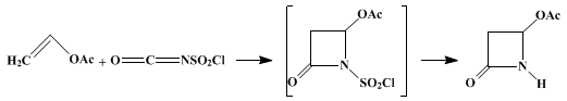 Reaction equation for SYNTHESIS OF A KEY β-LACTAM INTERMEDIATE BY A [2 + 2] CYCLOADDITION ROUTE: 4-ACETOXYAZETIDIN-2-ONE (2-Azetidinone, 4-(acetyloxy)-)