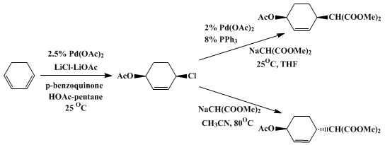 Reaction equation for STEREOSELECTIVE 1,4-FUNCTIONALIZATIONS OF CONJUGATED DIENES: cis- AND trans-1-ACETOXY-4-(DICARBOMETHOXYMETHYL)-2-CYCLOHEXENE (Propanedioic acid, [4-(Acetyloxy)-2-cyclohexen-1-yl]-, dimethyl ester, cis- and trans-)