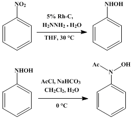 Reaction equation for N-ACETYL-N-PHENYLHYDROXYLAMINE VIA CATALYTIC TRANSFER HYDROGENATION OF NITROBENZENE USING HYDRAZINE AND RHODIUM ON CARBON (Acetamide, N-hydroxy-N-phenyl-)