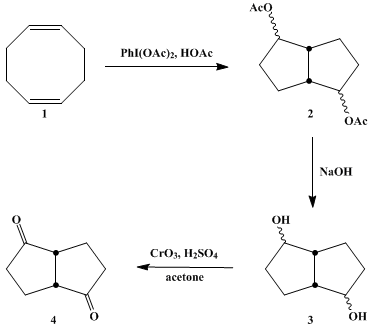 Reaction equation for INTRAMOLECULAR CYCLIZATION OF cis,cis-1,5-CYCLOOCTADIENE USING HYPERVALENT IODINE: BICYCLO[3.3.0]OCTANE-2,6-DIONE (1,4-Pentalenedione, hexahydro-)