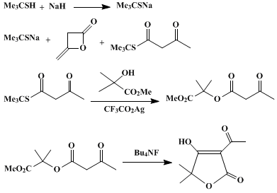 Reaction equation for tert-BUTYL ACETOTHIOACETATE AND ITS USE IN SYNTHESIS: 3-ACETYL-4-HYDROXY-5,5-DIMETHYLFURAN-2(4H)-ONE (Acetoacetic acid, 1-thio-, S-tert-butyl ester)