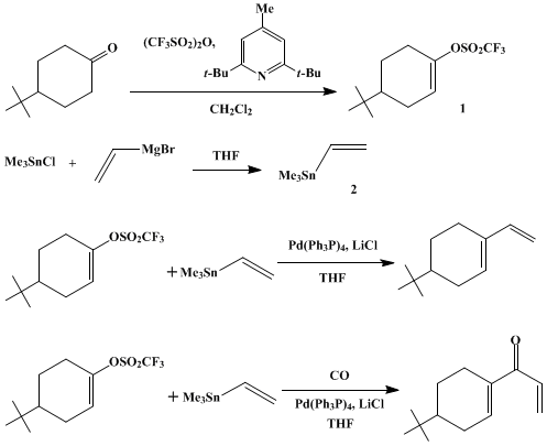 Reaction equation for PALLADIUM-CATALYZED COUPLING OF VINYL TRIFLATES WITH ORGANOSTANNANES: 4-tert-BUTYL-1-VINYLCYCLOHEXENE AND 1-(4-tert-BUTYLCYCLOHEXEN-1-YL)-2-PROPEN-1-ONE (Cyclohexene, 4-(1,1-dimethylethyl)-1-ethenyl- and 2-propen-1-one, 1-[4-(1,1-dimethylethyl)-1-cyclohexen-1-yl])