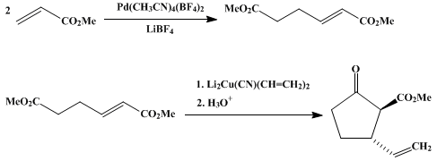 Reaction equation for CONJUGATE ADDITION–CYCLIZATION OF A CYANOCUPRATE: 2-CARBOMETHOXY-3-VINYLCYCLOPENTANONE (Cyclopentanecarboxylic acid, 2-ethenyl-5-oxo-, methyl ester)