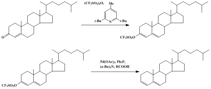 Reaction equation for PALLADIUM-CATALYZED REDUCTION OF VINYL TRIFLUOROMETHANESULFONATES TO ALKENES: CHOLESTA-3,5-DIENE