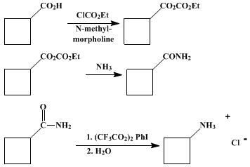 Reaction equation for HOFMANN REARRANGEMENT UNDER MILDLY ACIDIC CONDITIONS USING [I,I-BIS(TRIFLUOROACETOXY)]IODOBENZENE: CYCLOBUTYLAMINE HYDROCHLORIDE FROM CYCLOBUTANECARBOXAMIDE (Cyclobutanamine hydrochloride)