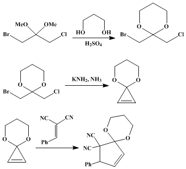 Reaction equation for PREPARATION AND THREE-CARBON + TWO-CARBON CYCLOADDITION OF CYCLOPROPENONE 1,3-PROPANEDIOL KETAL: 5,5-DICYANO-4-PHENYL-2-CYCLOPENTEN-1-ONE 1,3-PROPANEDIOL KETAL (4,8-Dioxaspiro[2.5]oct-1-ene and 6,10-Dioxaspiro[4.5]dec-3-ene-1,1-dicarbonitrile, 2-phenyl-)