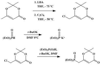 Reaction equation for 6-DIETHYLPHOSPHONOMETHYL-2,2-DIMETHYL-1,3-DIOXEN-4-ONE (Phosphonic acid, [(2,2-dimethyl-4-oxo-4H-1,3-dioxin-6-yl)methyl]-, diethyl ester)