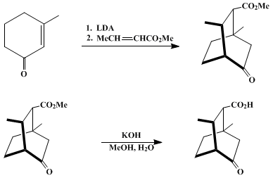 Reaction equation for APROTIC DOUBLE MICHAEL ADDITION: 1,3-DIMETHYL-5-OXOBICYCLO[2.2.2]OCTANE-2-CARBOXYLIC ACID (Bicyclo[2.2.2]octane-2-carboxylic acid, 1,3-dimethyl-5-oxo-)