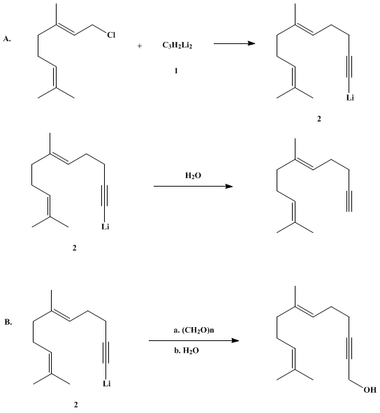Reaction equation for PROPARGYLATION OF ALKYL HALIDES: (E)-6,10-DIMETHYL-5,9-UNDECADIEN-1-YNE AND (E)-7,11-DIMETHYL-6,10-DODECADIEN-2-YN-1-OL (5,9-Undecadien-1-yne, 6,10-dimethyl-, (E)- and 6,10-Dodecadien-2-yn-1-ol, 7,11-dimethyl-, (E)-)