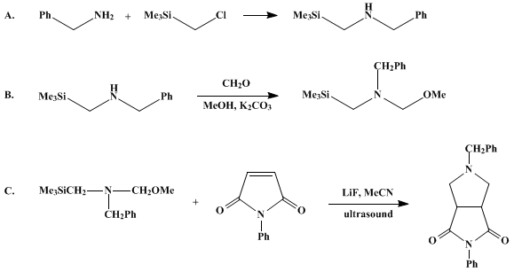Reaction equation for N-BENZYL-N-METHOXYMETHYL-N-(TRIMETHYLSILYL)METHYLAMINE AS AN AZOMETHINE YLIDE EQUIVALENT: 2,6-DIOXO-1-PHENYL-4-BENZYL-1,4-DIAZABICYCLO[3.3.0]OCTANE (Pyrrolo[3,4-c]pyrrole-1,3(2H,3aH)-dione, tetrahydro-2-phenyl-5-(phenylmethyl)-, cis-)