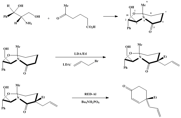 Reaction equation for ASYMMETRIC SYNTHESIS OF 4,4-DIALKYLCYCLOHEXENONES FROM CHIRAL BICYCLIC LACTAMS: (R)-4-ETHYL-4-ALLYL-2-CYCLOHEXEN-1-ONE