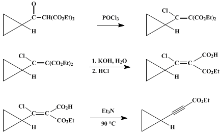 Reaction equation for UTILIZATION OF β-CHLORO ALKYLIDENE/ARYLIDENE MALONATES IN ORGANIC SYNTHESIS: ETHYL CYCLOPROPYLPROPIOLATE (2-Propynoic acid, 3-cyclopropyl-, ethyl ester)