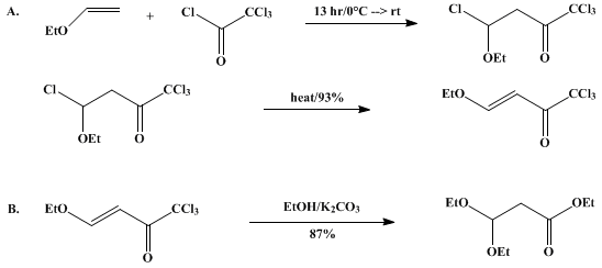 Reaction equation for SYNTHESIS OF ALKYL PROPANOATES BY A HALOFORM REACTION OF A TRICHLORO KETONE: ETHYL 3,3-DIETHOXYPROPANOATE (Propanoic acid, 3,3-diethoxy-, ethyl ester)
