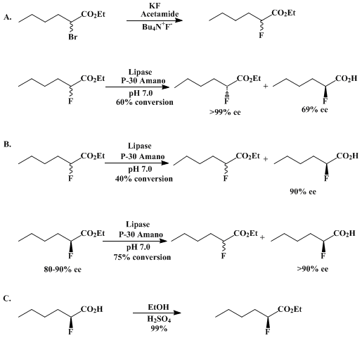 Reaction equation for ENANTIOMERICALLY PURE ETHYL (R)- AND (S)- 2-FLUOROHEXANOATE BY ENZYME-CATALYZED KINETIC RESOLUTION (Hexanoic acid, 2-fluoro-, ethyl ester, (R)- and (S)-)