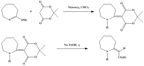 Reaction equation for ETHYL α-(HEXAHYDROAZEPINYLIDENE-2)ACETATE FROM O-METHYLCAPROLACTIM AND MELDRUM'S ACID (Acetic acid, (hexahydro-2H-azepin-2-ylidene)-, ethyl ester, (Z)-)