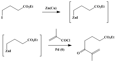 Reaction equation for ETHYL 5-OXO-6-METHYL-6-HEPTENOATE FROM METHACRYLOYL CHLORIDE AND ETHYL 4-IODOBUTYRATE (6-Heptenoic acid, 6-methyl-6-oxo-, ethyl ester)