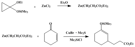 Reaction equation for COPPER-CATALYZED CONJUGATE ADDITION OF A ZINC HOMOENOLATE: ETHYL 3-[3-(TRIMETHYLSILYLOXY)CYCLOHEX-2-ENYL]PROPIONATE (2-Cyclohexene-1-propanoic acid, 3-[(trimethylsilyl)oxy]-, ethyl ester)