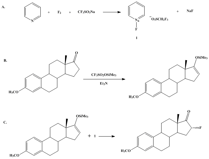 Reaction equation for N-FLUOROPYRIDINIUM TRIFLATE: AN ELECTROPHILIC FLUORINATING AGENT (Pyridinium, 1-fluoro-, salt with trifluoromethanesulfonic acid (1:1))