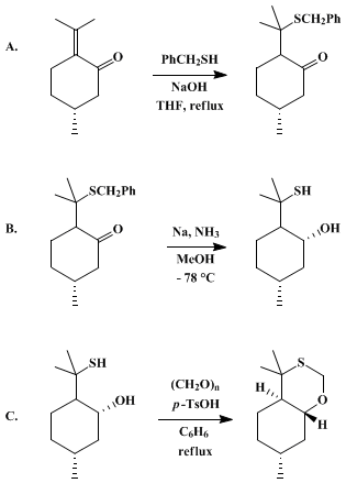 Reaction equation for CHIRAL 1,3-OXATHIANE FROM (+)-PULEGONE: HEXAHYDRO-4,4,7-TRIMETHYL-4H-1,3-BENZOXATHIIN (4H-1,3-Benzoxathiin, hexahydro-4,4,7-trimethyl-)