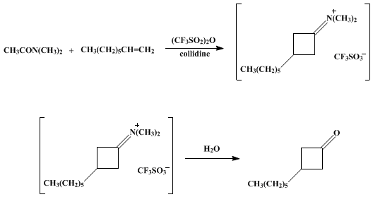 Reaction equation for A GENERAL SYNTHESIS OF CYCLOBUTANONES FROM OLEFINS AND TERTIARY AMIDES: 3-HEXYLCYCLOBUTANONE