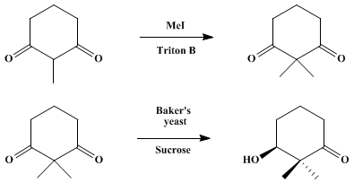 Reaction equation for YEAST REDUCTION OF 2,2-DIMETHYLCYCLOHEXANE-1,3-DIONE: (S)-(+)-3-HYDROXY-2,2-DIMETHYLCYCLOHEXANONE) (Cyclohexanone, 3-hydroxy-2,2-dimethyl-, (S)-)