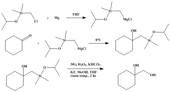 Reaction equation for NUCLEOPHILIC HYDROXYMETHYLATION BY THE (ISOPROPOXYDIMETHYLSILYL)METHYL GRIGNARD REAGENT: 1-(HYDROXYMETHYL)CYCLOHEXANOL FROM CYCLOHEXANONE (Cyclohexanemethanol, 1-hydroxy-)