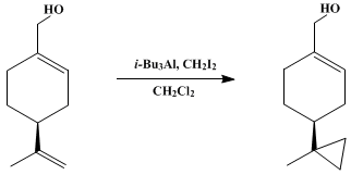 Reaction equation for SELECTIVE CYCLOPROPANATION OF (S)-(−)-PERILLYL ALCOHOL: 1-HYDROXYMETHYL-4-(1-METHYLCYCLOPROPYL)-1-CYCLOHEXENE (1-Cyclohexene-1-methanol, 4-(1-methylcyclopropyl)-)
