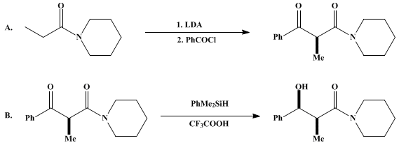 Reaction equation for erythro-DIRECTED REDUCTION OF A β-KETO AMIDE: ERYTHRO-1-(3-HYDROXY-2-METHYL-3-PHENYLPROPANOYL)PIPERIDINE (Piperidine, 1-(3-hydroxy-2-methyl-1-oxo-3-phenylpropyl)-, (R*, R*)-(±)-)