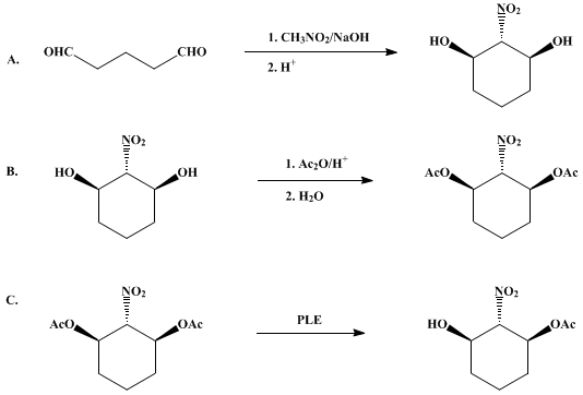 Reaction equation for ENANTIOSELECTIVE SAPONIFICATION WITH PIG LIVER ESTERASE (PLE): (1S,2S,3R)-3-HYDROXY-2-NITROCYCLOHEXYL ACETATE (1,3-Cyclohexanediol, 2-nitro-, 1-acetate, [1S-(1α, 2β, 3α])