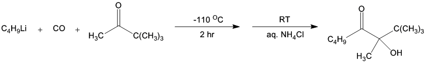 Reaction equation for DIRECT NUCLEOPHILIC ACYLATION BY THE LOW-TEMPERATURE, IN SITU GENERATION OF ACYLLITHIUM REAGENTS; α-HYDROXY KETONES FROM KETONES: 3-HYDROXY-2,2,3-TRIMETHYLOCTAN-4-ONE FROM PINACOLONE (4-Octanone, 3-hydroxy-2,2,3-trimethyl-)