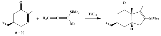 Reaction equation for A GENERAL [3+2] ANNULATION: cis-4-exo-ISOPROPENYL-1,9-DIMETHYL-8-(TRIMETHYLSILYL)BICYCLO[4.3.0]NON-8-EN-2-ONE (4H-Inden-4-one, 1,3a,5,6,7,7a-hexahydro-3,3a-dimethyl-6-(1-methylethenyl)-2-(trimethylsilyl)-, (3aα,6α,7aα)-)