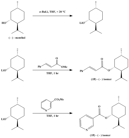 Reaction equation for TRANSESTERIFICATION OF METHYL ESTERS OF AROMATIC AND α,β-UNSATURATED ACIDS WITH BULKY ALCOHOLS: (−)-MENTHYL CINNAMATE AND (−)-MENTHYL NICOTINATE (2-Propenoic acid, 3-phenyl-, 5-methyl-2-(1-methylethyl)cyclohexyl ester, [1R-(1α,2β,5α)]-] and [3-pyridinecarboxylic acid, 5-methyl-2-(1-methylethyl)cyclohexyl ester, [1R-(1α,2β,5α)]-)