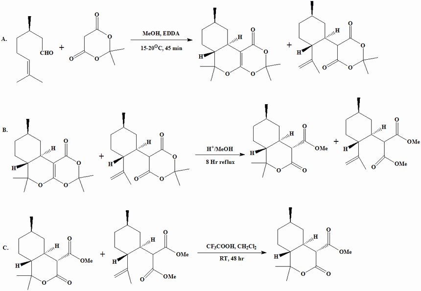 Reaction equation for DIASTEROSELECTIVE FORMATION OF α-METHOXYCARBONYL LACTONES THROUGH AN INTRAMOLECULAR DIELS–ALDER REACTION: (4RS,4aRS,6RS,8aRS)-, (4S,4aS,6S,8aS)- AND (4R,4aR,6R,8aR)-4-METHOXYCARBONYL-1,1,6-TRIMETHYL-1,4,4A,5,6,7,8,8a-OCTAHYDRO-2,3-BENZOPYRONE [rac-5, (+)-5, AND (−)-5]