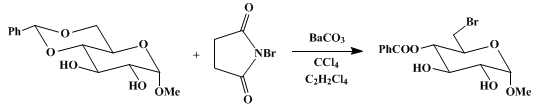 Reaction equation for 6-BROMO-6-DEOXY HEXOSE DERIVATIVES BY RING OPENING OF BENZYLIDENE ACETALS WITH N-BROMOSUCCINIMIDE: METHYL 4-O-BENZOYL-6-BROMO-6-DEOXY-α-D-GLUCOPYRANOSIDE (Glucopyranoside, methyl 6-bromo-6-deoxy-, 4-benzoate, α-D-)