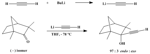 Reaction equation for PREPARATION AND USE OF LITHIUM ACETYLIDE: 1-METHYL-2-ETHYNYL-endo-3,3-DIMETHYL-2-NORBORNANOL (Bicyclo[2.2.1]heptan-2-ol, 2-ethynyl-1,3,3-trimethyl-, (1R-endo))