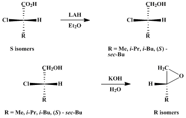 Reaction equation for (R)-ALKYLOXIRANES OF HIGH ENANTIOMERIC PURITY FROM (S)-2-CHLOROALKANOIC ACIDS VIA (S)-2-CHLORO-1-ALKANOLS: (R)-METHYLOXIRANE (Oxirane, methyl- (R)-)