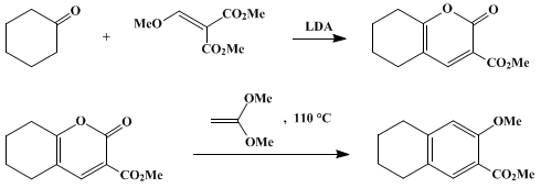 Reaction equation for PREPARATION AND INVERSE-ELECTRON-DEMAND DIELS–ALDER REACTION OF AN ELECTRON-DEFICIENT DIENE: METHYL 2-OXO-5,6,7,8-TETRAHYDRO-2H-1-BENZOPYRAN-3-CARBOXYLATE AND 6-METHOXY-7-METHOXYCARBONYL-1,2,3,4-TETRAHYDRONAPHTHALANE (2H-1-Benzopyran-3-carboxylic acid, 5, 6, 7, 8-tetrahydro-2-oxo-, methyl ester and 2-Naphthalenecarboxylic acid, 5, 6, 7, 8-tetrahydro-3-methoxy-, methyl ester)