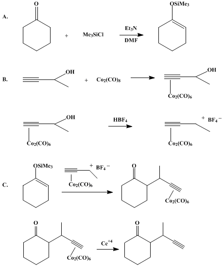 Reaction equation for ALKYLATIONS USING HEXACARBONYL(PROPARGYLIUM)DICOBALT SALTS: 2-(1-METHYL-2-PROPYNYL)CYCLOHEXANONE (Cyclohexanone, 2-(1-methyl-2-propynyl)-, (R*,R*) and (R*,S*)-)